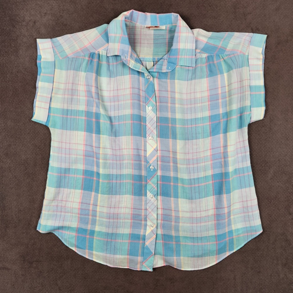 Vintage Shirt Accent Blouse Womens 22W Blue Pink Plaid Short Sleeve  Button USA